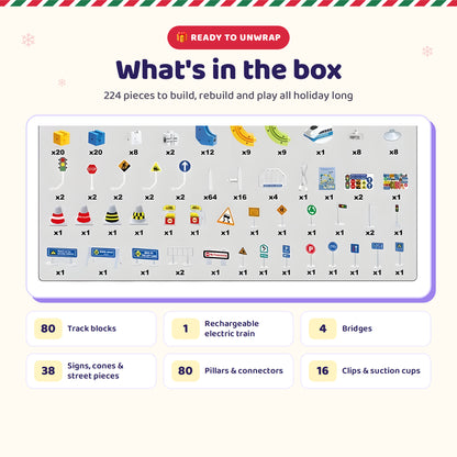 What's in the box: 224 pieces including track blocks, train, bridges and road signs