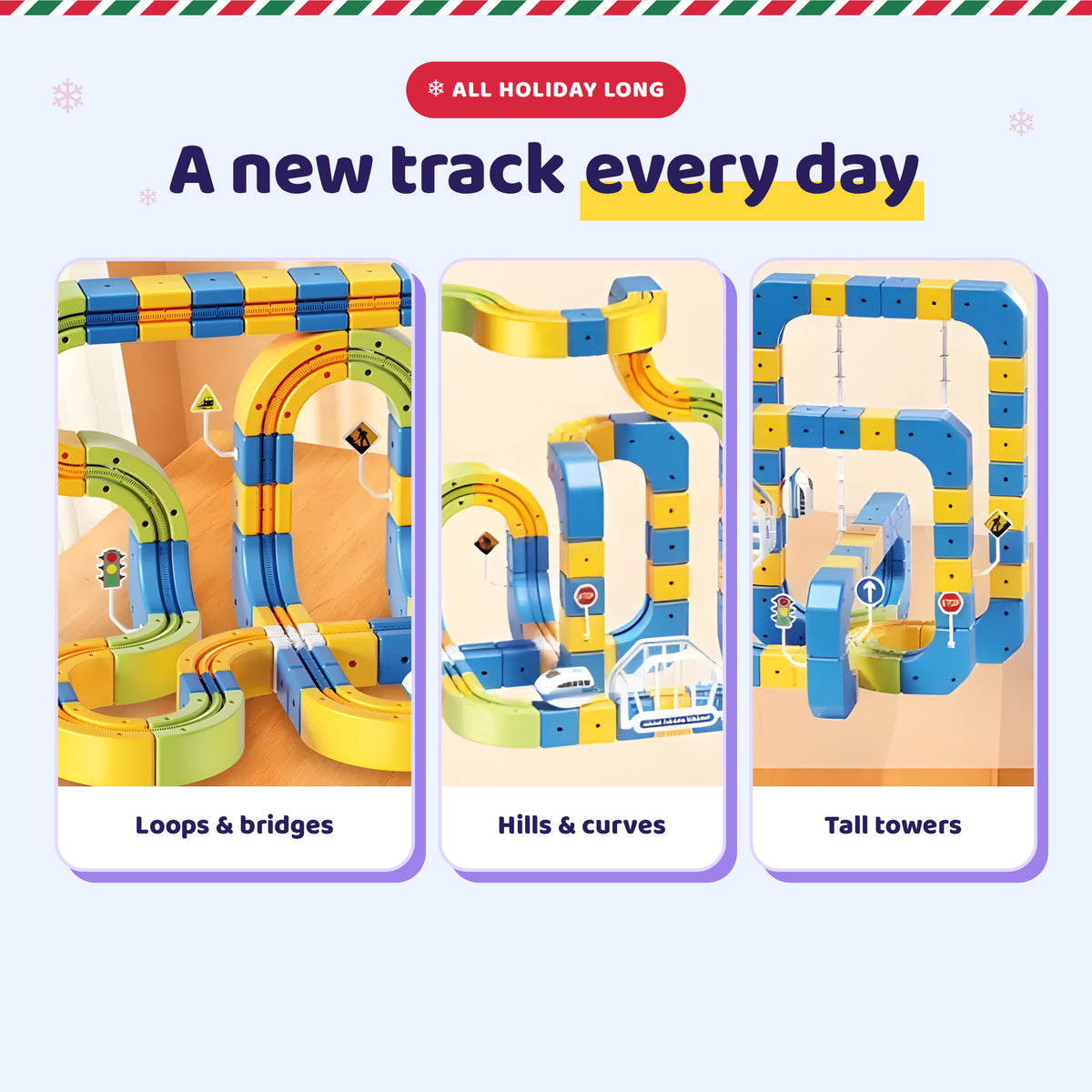 Three different track layouts built with SnapRail Express