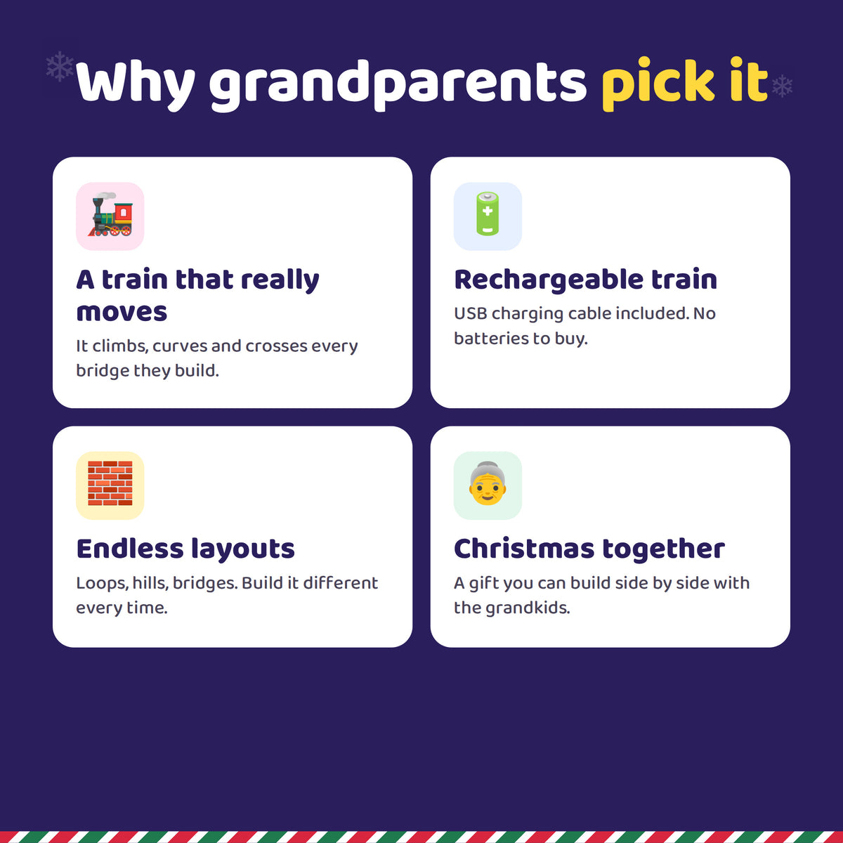 Why grandparents pick SnapRail Express: moving train, rechargeable, endless layouts, Christmas together