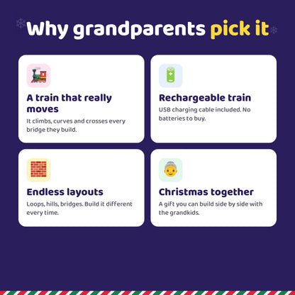 Why grandparents pick SnapRail Express: moving train, rechargeable, endless layouts, Christmas together